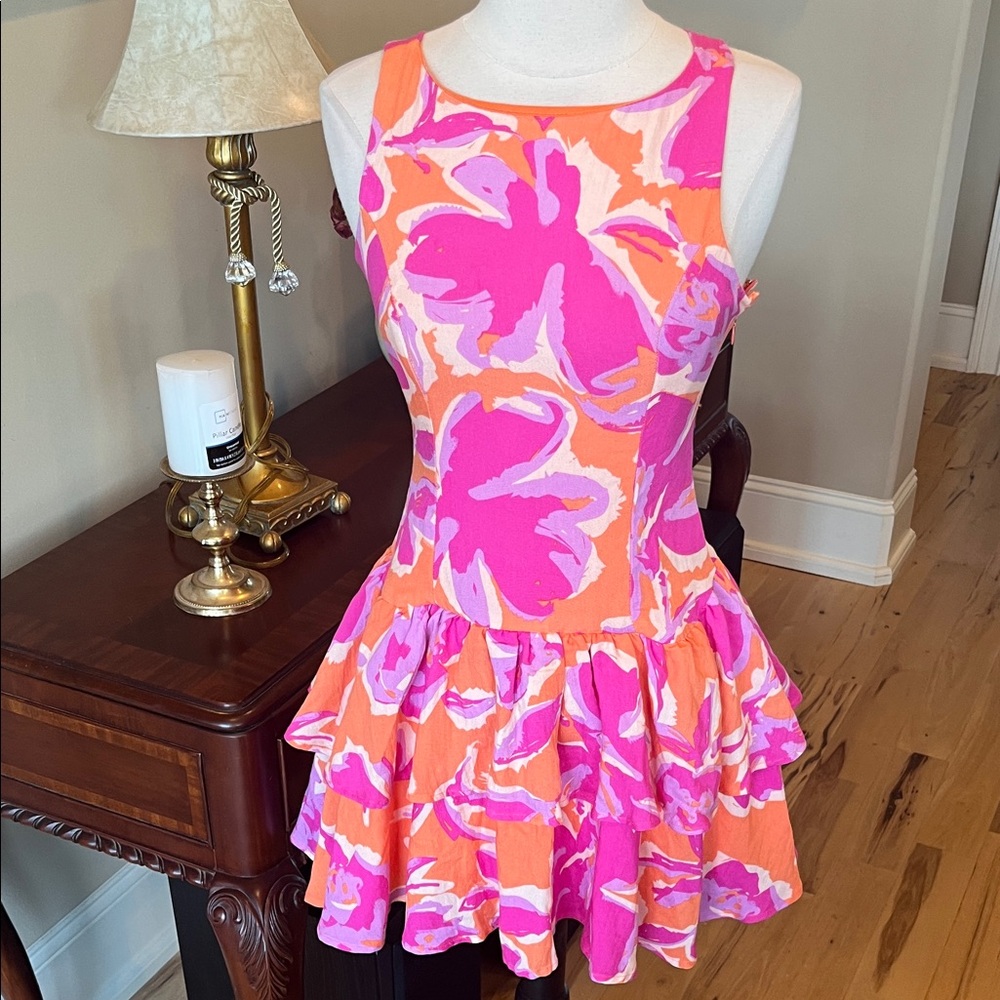 Avara Celia Dress Mini Pink Orange Flirty Tiered Mini New